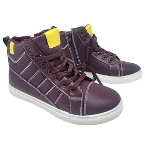 Burgundy PU Leather High Top Sneakers with Yellow Accents and Side Zip Men 7 NEW